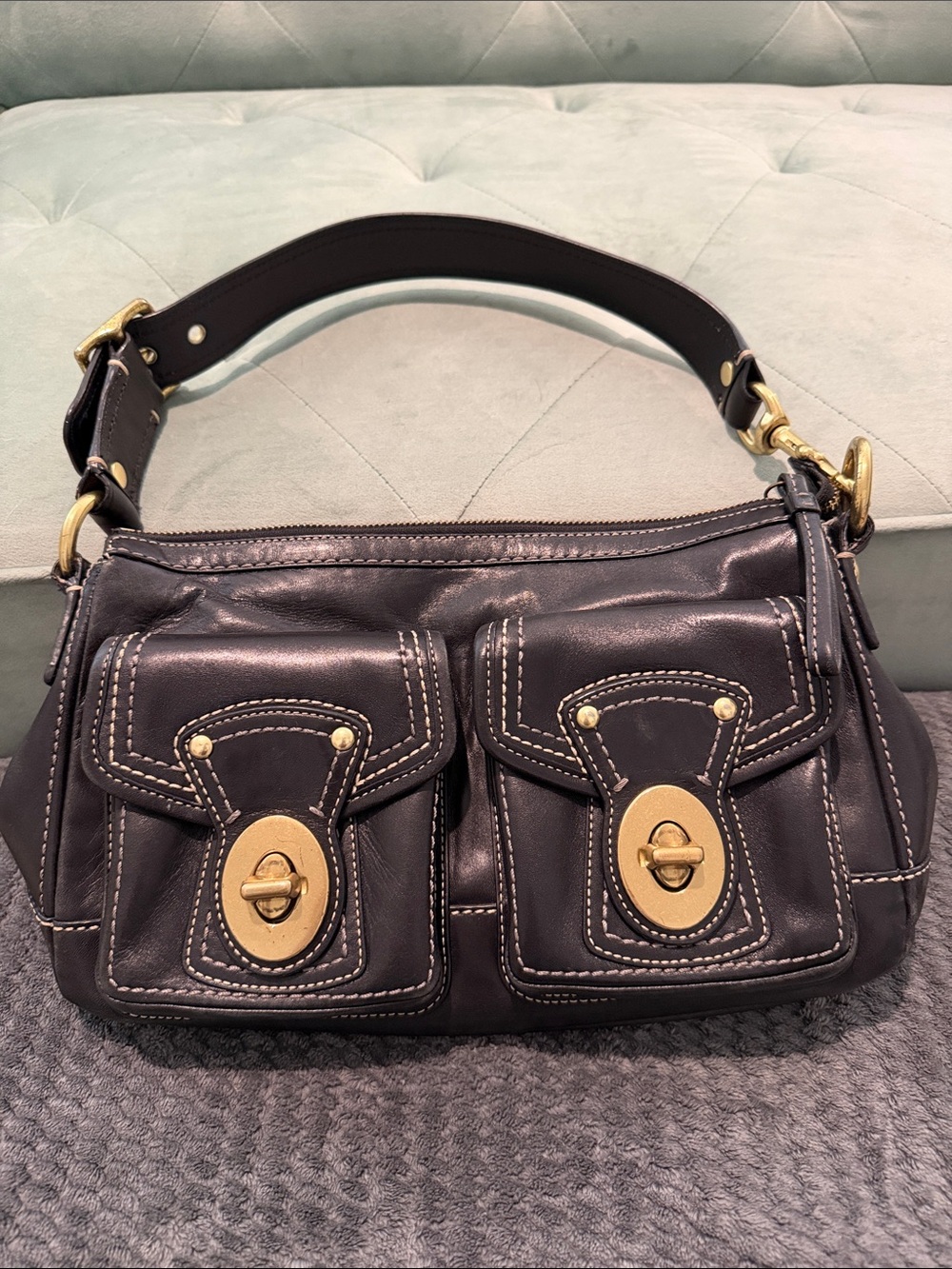 Coach Black Leather Shoulder Bag with Gold-Tone Turn-Lock Pockets